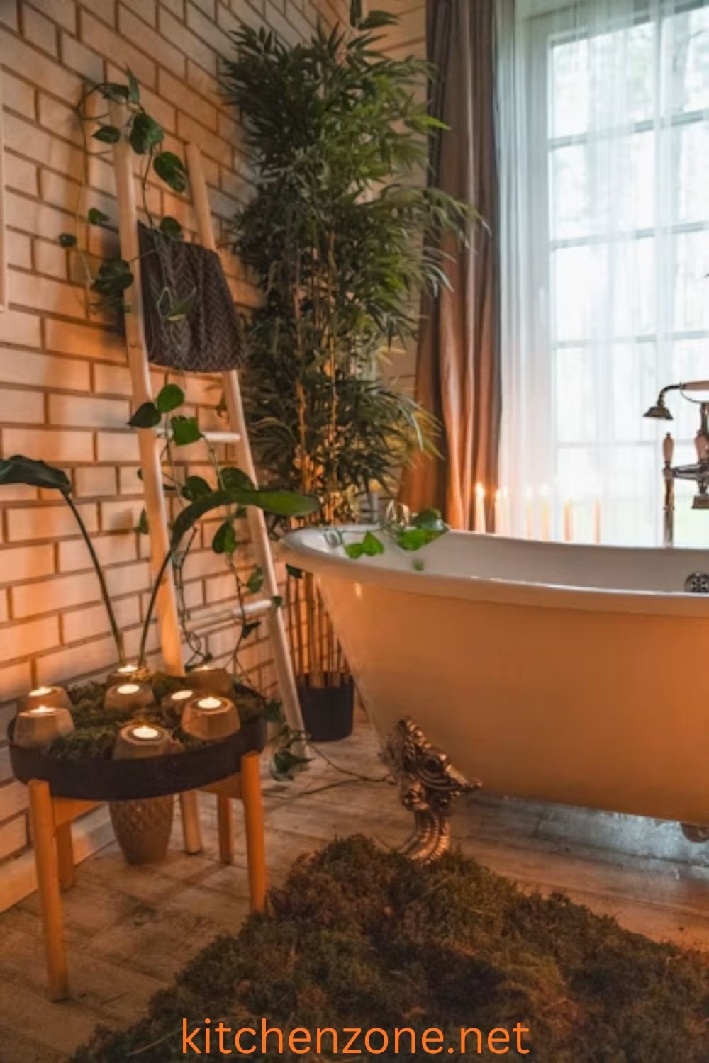 Bright bathroom shelf styled with moisture loving indoor plants