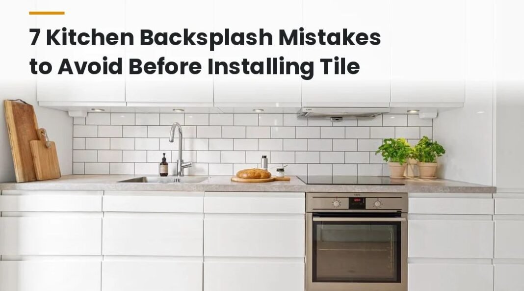 Modern kitchen with white subway tile backsplash, countertop, and wood cabinets