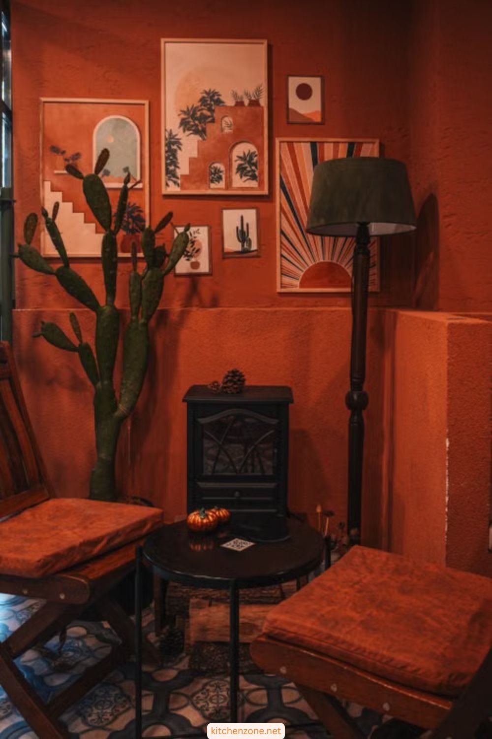 Cozy room corner styled with burgundy and rusty warm tones