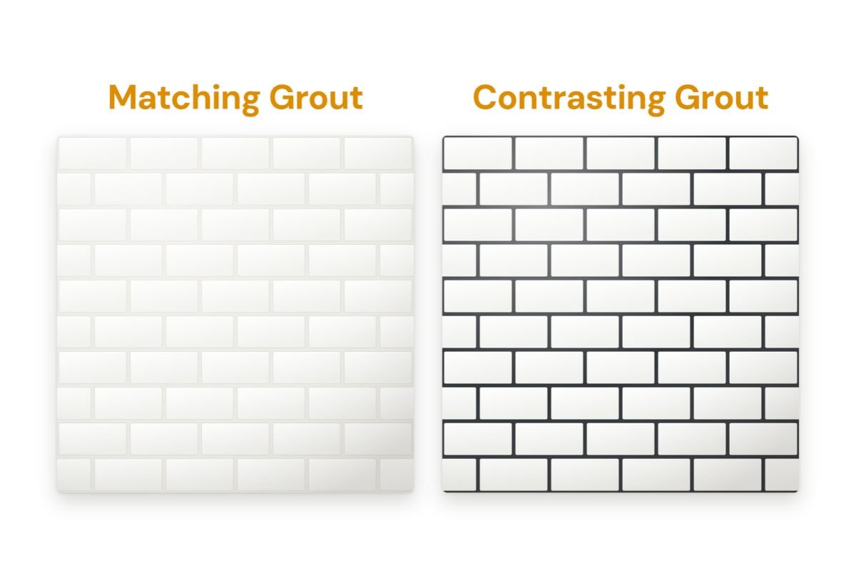 Comparison of white kitchen backsplash tiles with matching white grout and contrasting dark charcoal grout.
