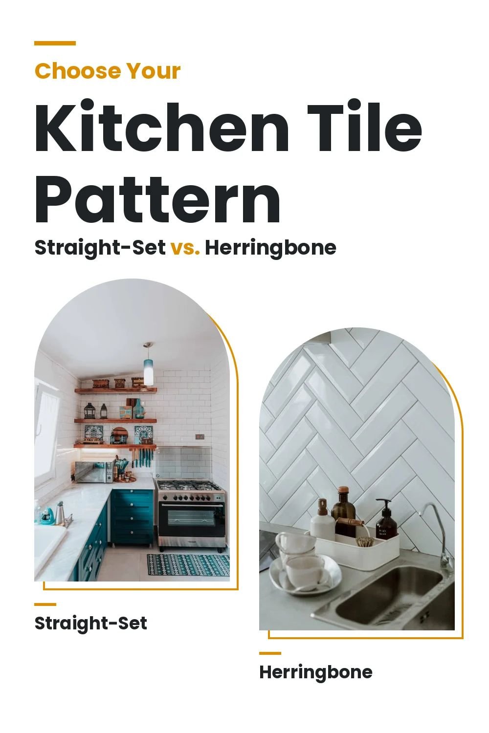 Comparison of straight-set and herringbone kitchen backsplash tile patterns.