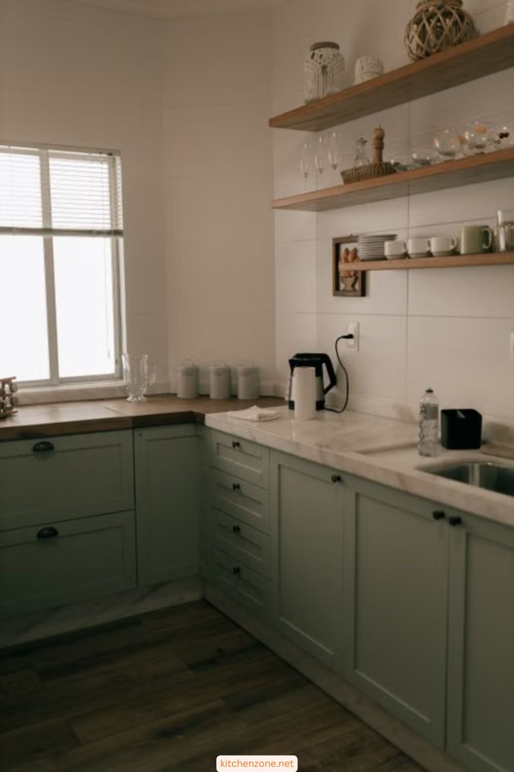 Kitchen island featuring Taj Mahal quartzite countertops and warm olive green cabinets