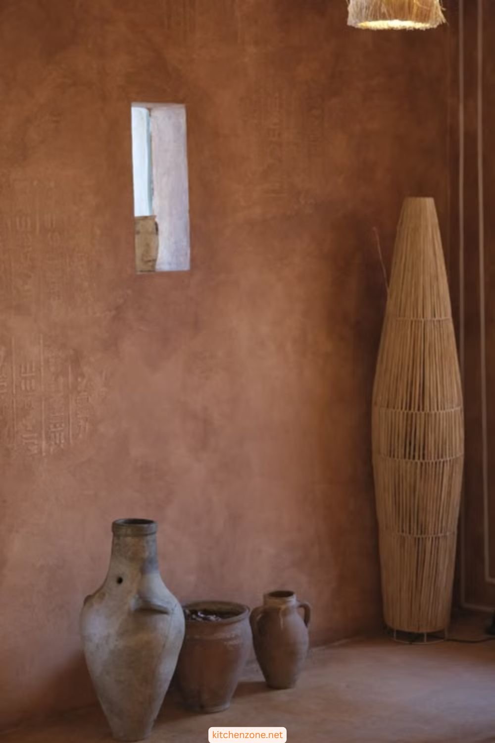 Tuscan style interior decor with textured stone vessels and metallic lighting